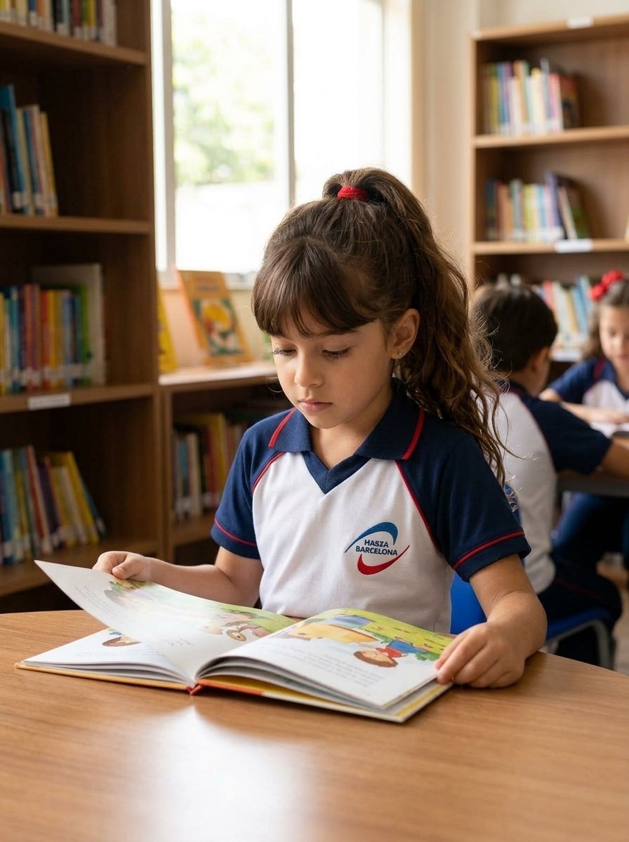 Criança lendo na biblioteca do Colégio Sabiracema