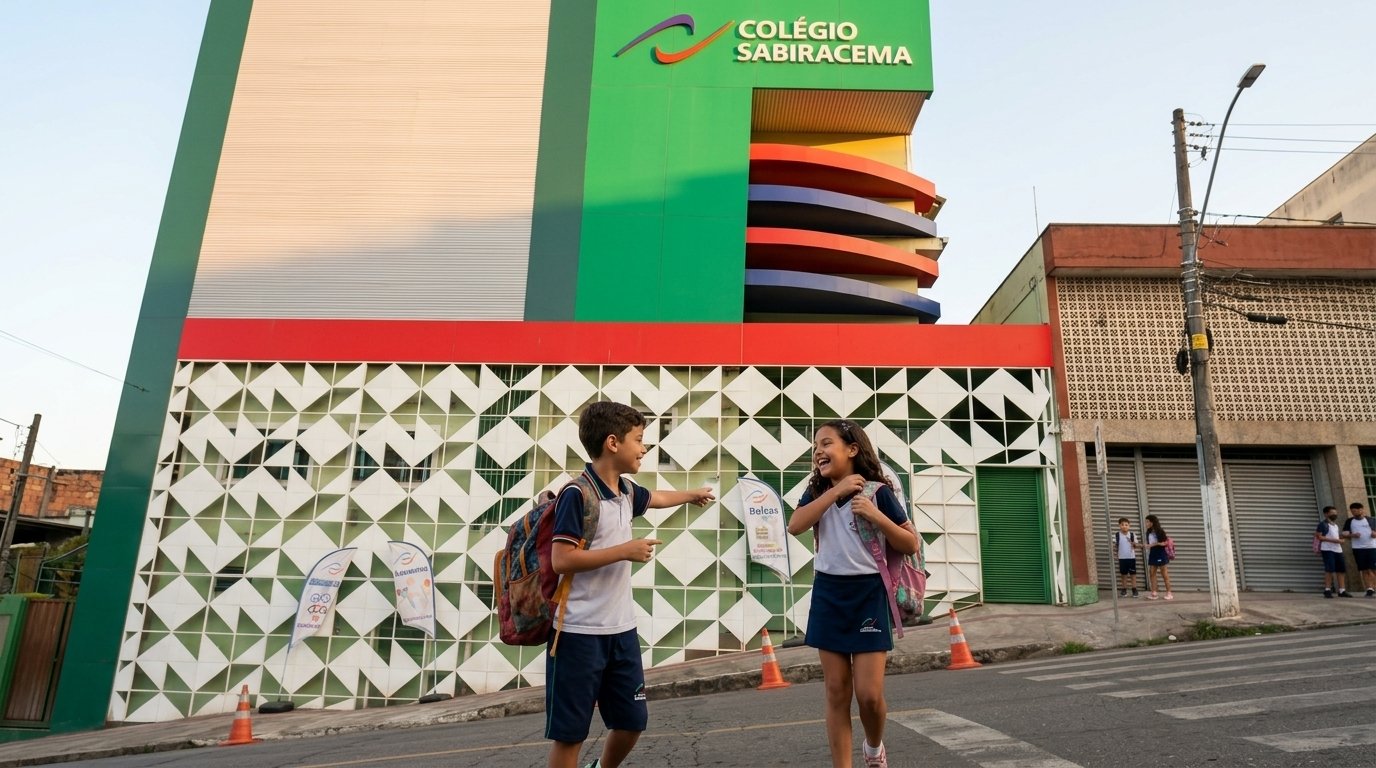 Alunos chegando ao Colégio Sabiracema na entrada da escola