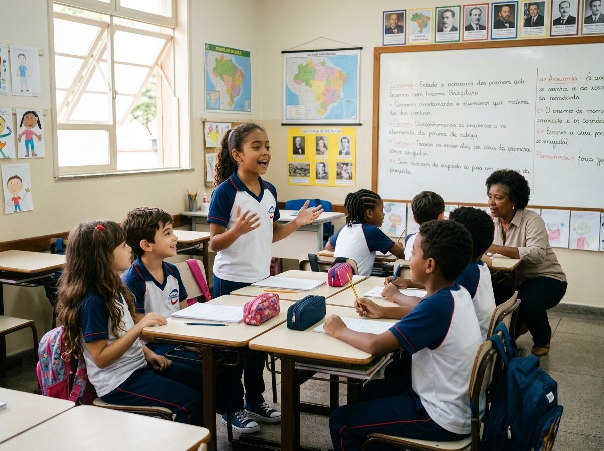 Criança participando da roda de conversa em sala de aula do Colégio Sabiracema