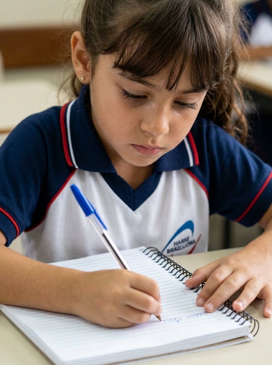Aluna escrevendo no caderno no Colégio Sabiracema