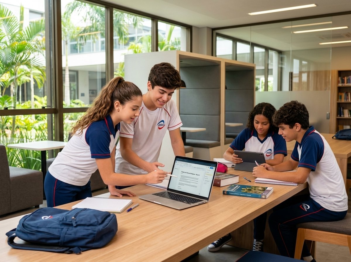 Alunos colaborando com laptop em aula no Colégio Sabiracema