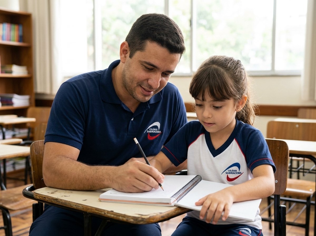 Professora auxiliando aluno em tarefa no Colégio Sabiracema